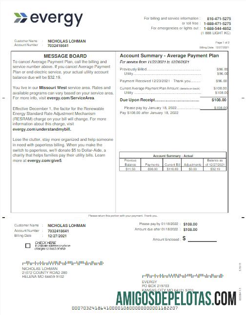 Para baixar modelo Word e PDF de conta de serviços públicos EVERGY dos EUA